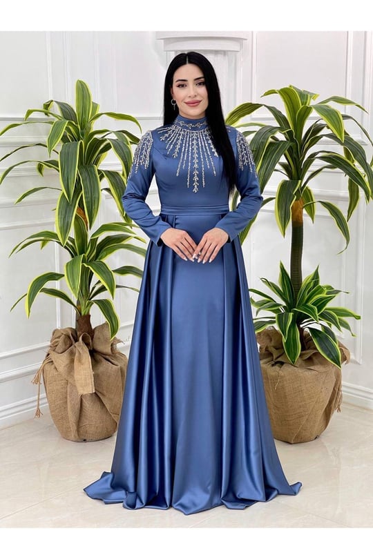 Üst İşleme Saten Abiye 18760 Mavi