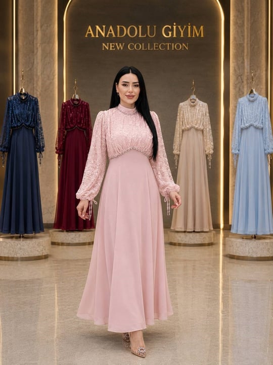 Üstü Güpür Balon Kol Şifon Elbise 9053 T-26 pembe