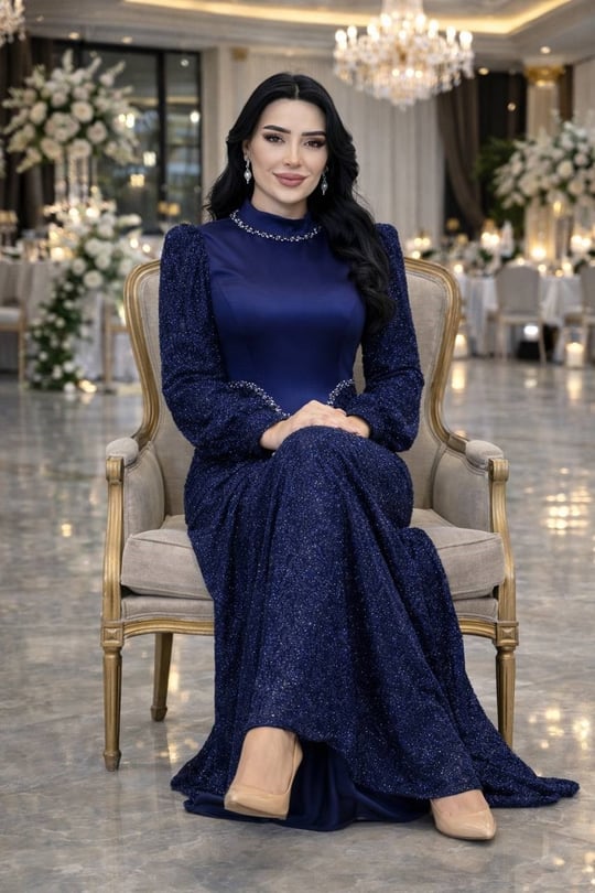 Üstü Saten Kol ve Etek Boncuk İşleme Abiye 5563 T-26 Saks