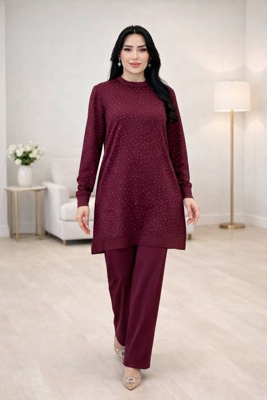 Üstü Serpme Taş Büyük Beden İkili Takım 9208 T-26 Bordo