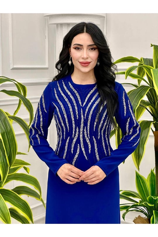 Üstü Taş İşleme Krep Elbise 2089 Saks