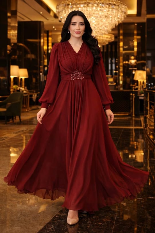 V Yaka Beli Taş Şifon Elbise 003 T-26 Bordo