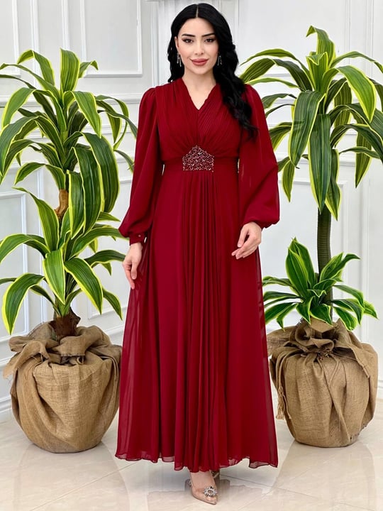 V Yakalı Beli Taş Şifon Elbise 4448 T-24 Kırmızı