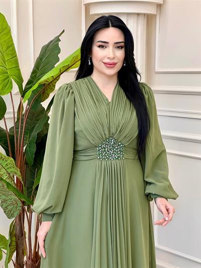 V Yakalı Beli Taş Şifon Elbise 4448 T-25 Haki