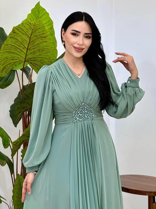 V Yakalı Beli Taş Şifon Elbise 4448 T-25 Mint yeşili
