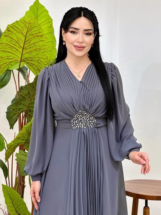 V Yakalı Beli Taş Şifon Elbise 4448 T-25 Füme
