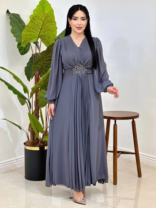 V Yakalı Beli Taş Şifon Elbise 4448 T-25 Füme