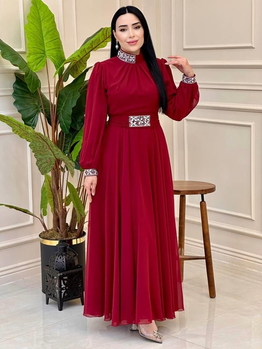 Yaka Bel Taş Şifon Elbise 0459 elb025 Bordo