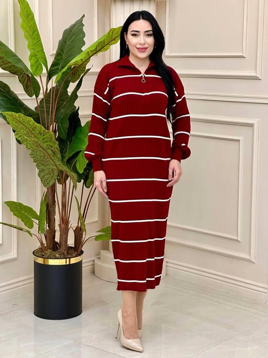 Yaka Fermuar Çizgili Triko Elbise 5892 t-24 Bordo