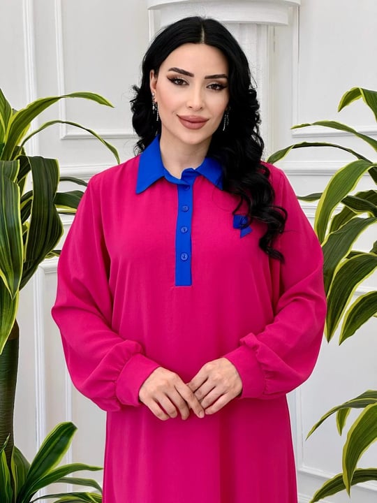 Yaka Garnili Elbise 2400 T-24 Fuşya