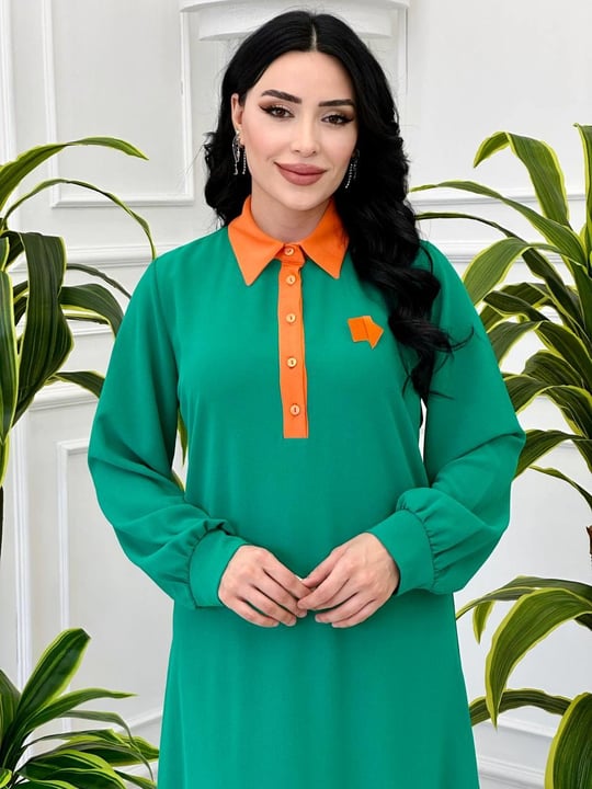 Yaka Garnili Elbise 2400 T-24 Yeşil