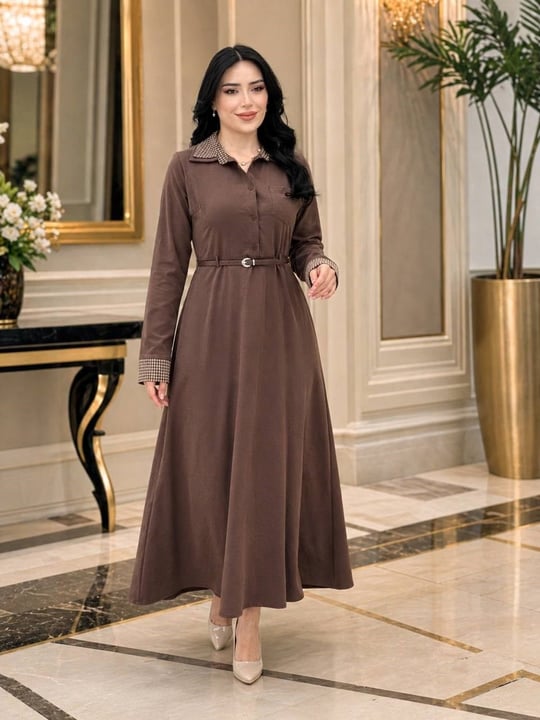 Yaka Manşet Desen Cepli Spor Elbise 32470 T-26 Kahverengi