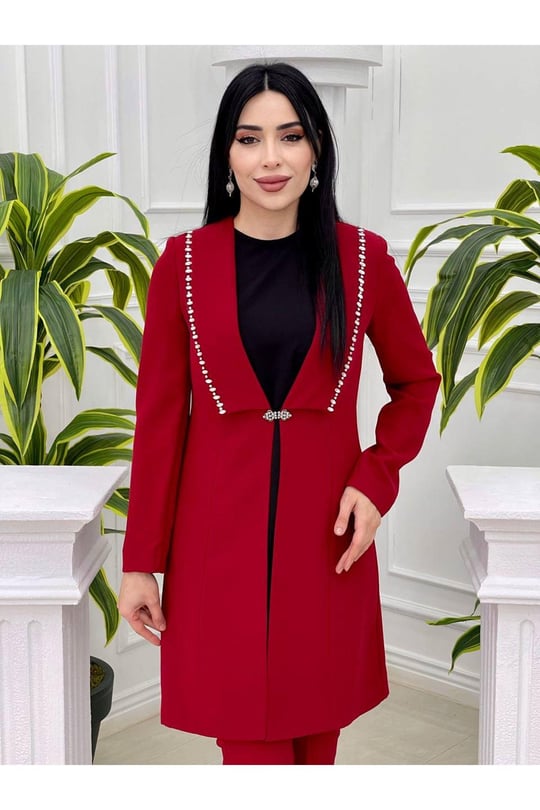Yaka Taş Şerit Ceketli Takım 5702 Kırmızı