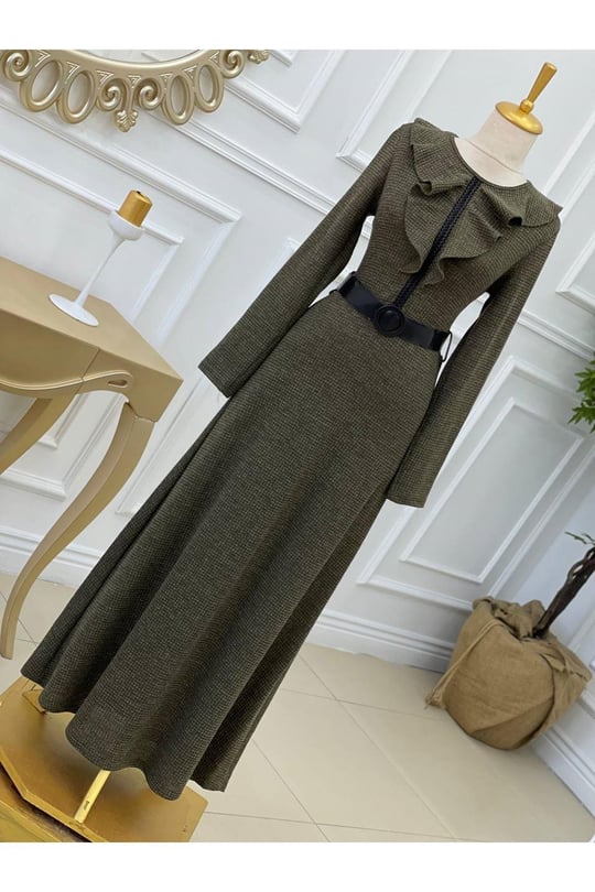 Yaka Volanlı Örme Elbise 3169 Haki