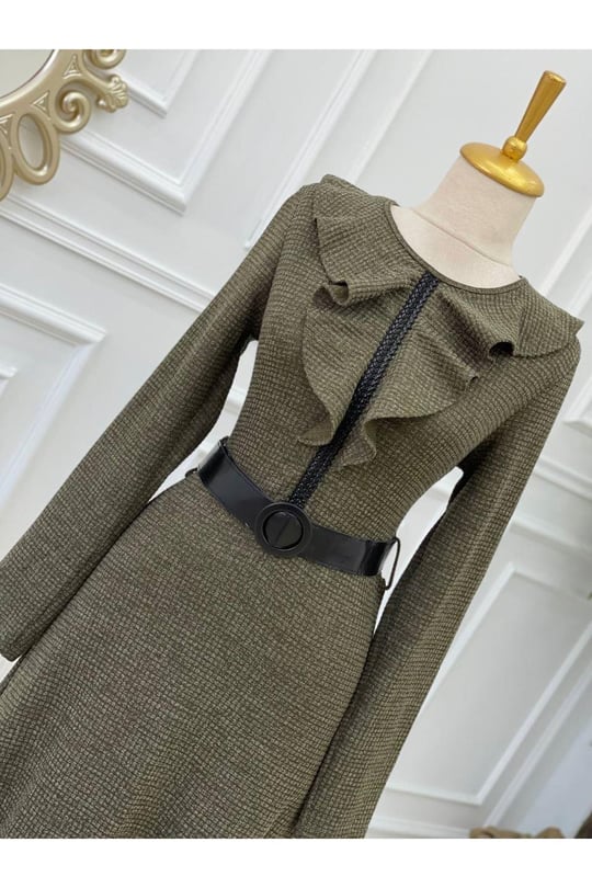 Yaka Volanlı Örme Elbise 3169 Haki