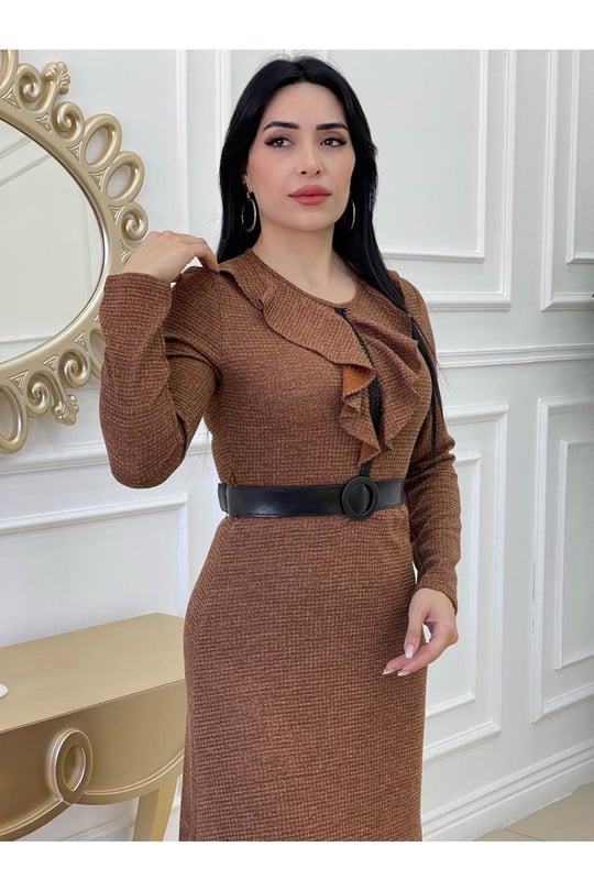 Yaka Volanlı Örme Elbise 3169 Taba
