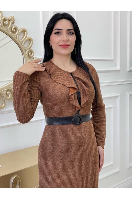 Yaka Volanlı Örme Elbise 3169 Taba