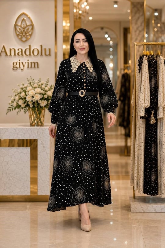 Yakası Dantelli Puantiye Elbise 12006 T-26 Siyah