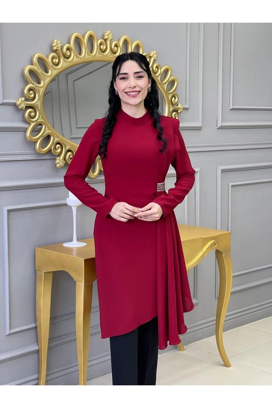 Yan Pileli Tunik Takım 4737 Kırmızı