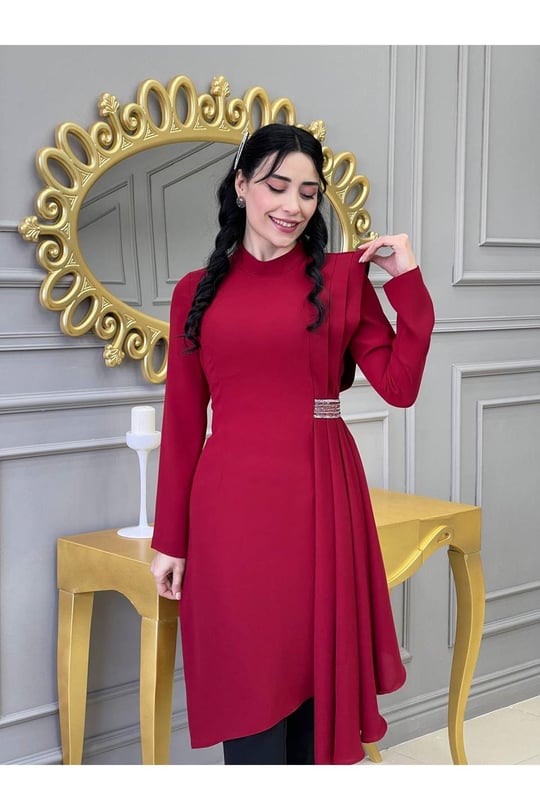 Yan Pileli Tunik Takım 4737 Kırmızı