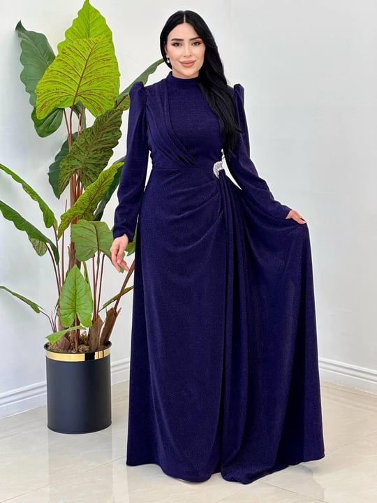 Yan Taş Detay Simli Abiye 00154 Lacivert