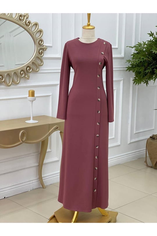 Yandan Düğmeli Penye Elbise 3193 Rose