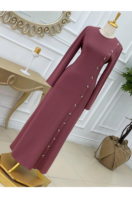 Yandan Düğmeli Penye Elbise 3193 Rose