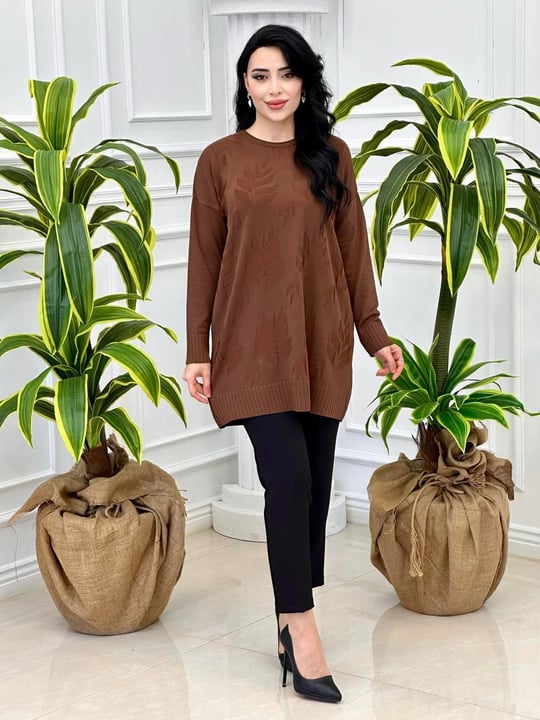 Yaprak Desen Tunik 140131 T-24 Kahverengi