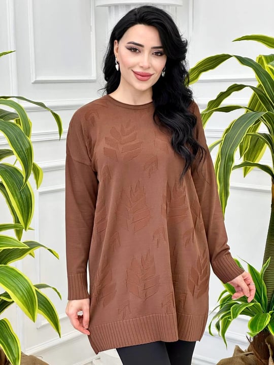 Yaprak Desen Tunik 140131 T-24 Kahverengi