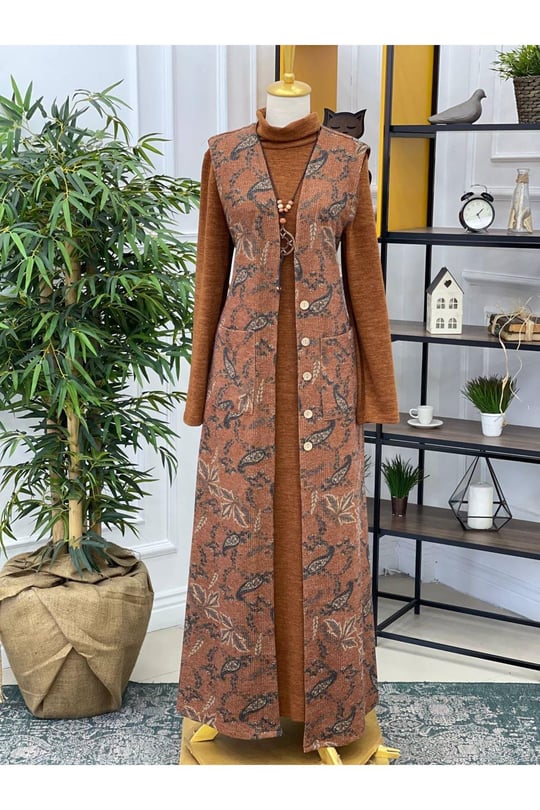 Yelekli Örme Elbise 3246 Taba