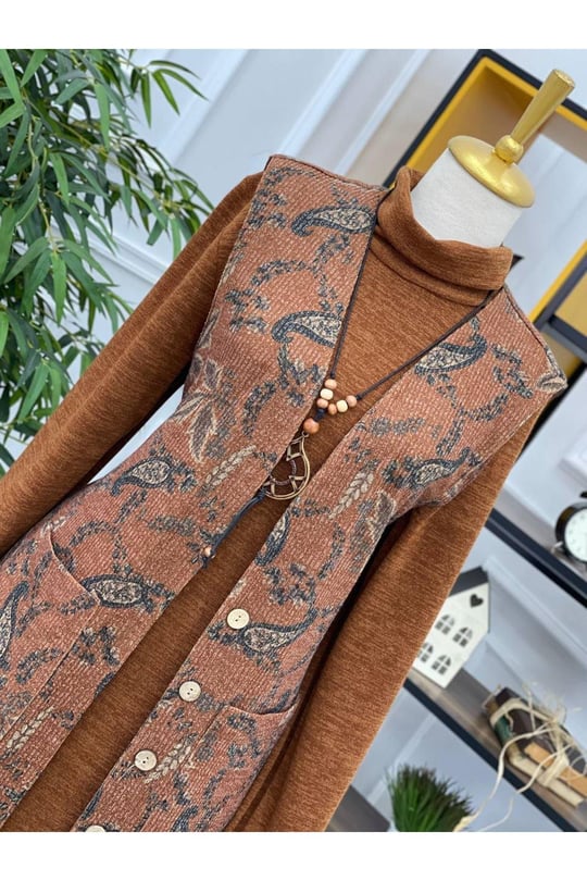 Yelekli Örme Elbise 3246 Taba