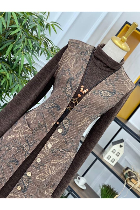 Yelekli Örme Elbise 3246 Vizon