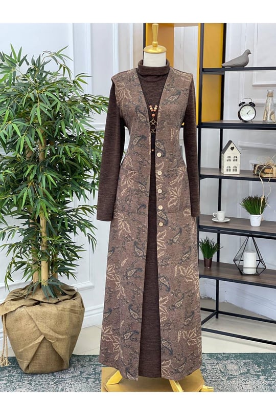 Yelekli Örme Elbise 3246 Vizon