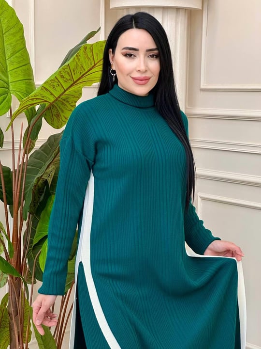 Yırtmaç Detay Triko İkili Takım 5656 t-24 Zümrüt Yeşil