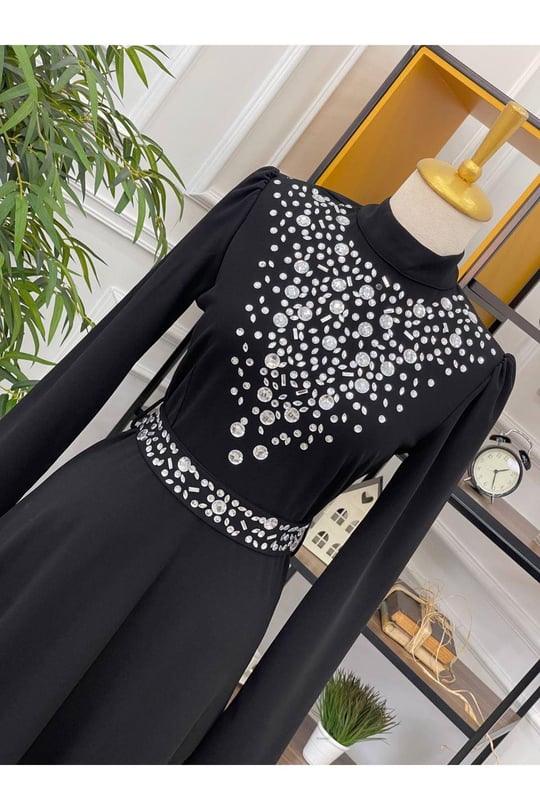 Yoğun Taş İşleme Elbise 1074 Siyah