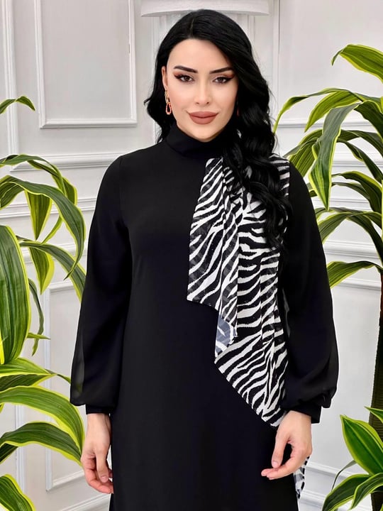 Zebra Şifon Detay Krep  Elbise 4548 T-24 Siyah