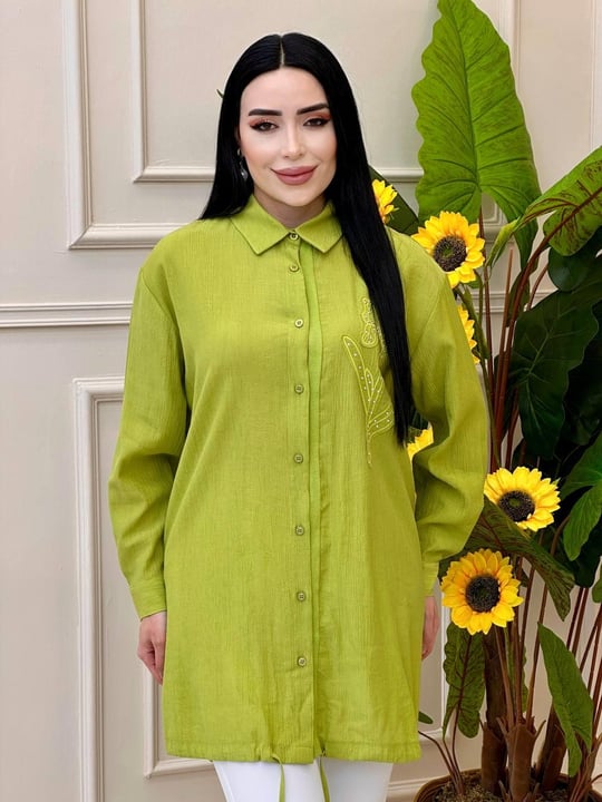 Zimba Çiçek Düğmeli Tunik 10519 t025 Yağ Yeşili