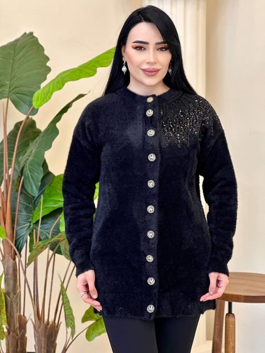 Angora Boncuklu Oversize Hırka 7701 T-25 Siyah