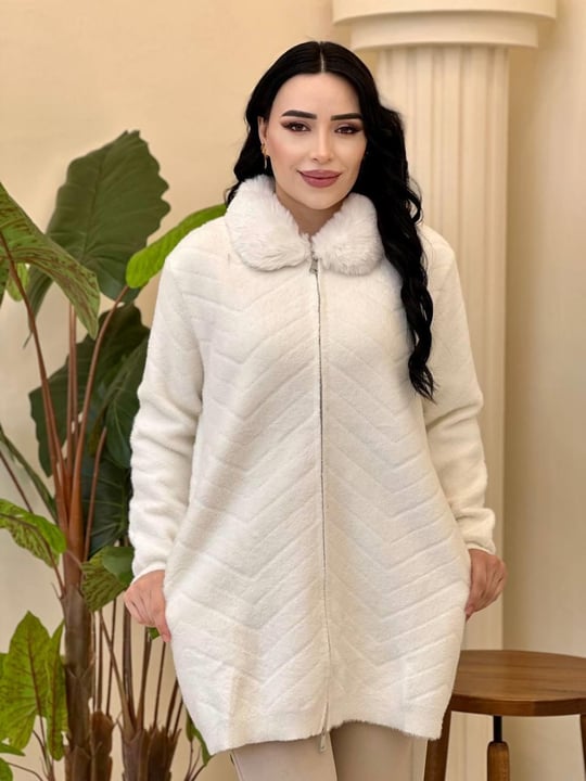 Angora Yakası Kürklü Fermuarlı Hırka 140372 T-25 Ekru