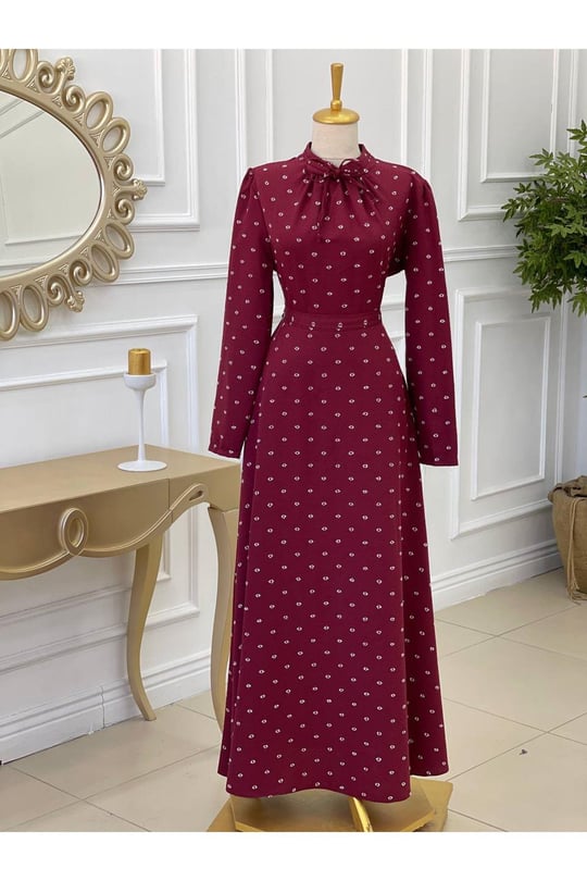 Bağcıklı Baskı Elbise 2927-Bordo
