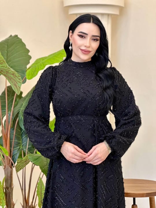 Balon Kol Bağcıklı Simli Elbise 4584 T-25 Siyah