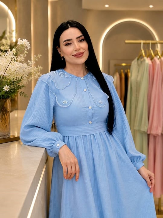 Bebe Yaka Balon Kol Elbise 265 T-26 Mavi