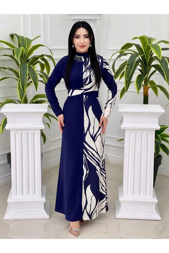 Bel Bağcık Desen Geçiş Elbise 2302-Saks