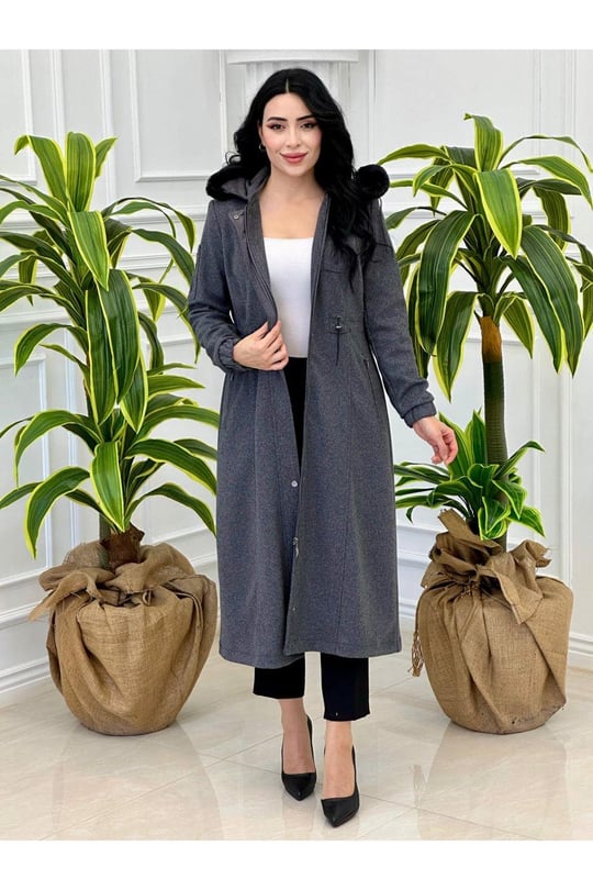 Bel Büzmeli Kaşe Kaban 8156-Gri