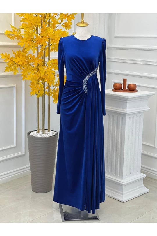 Bel Detay Kadife Elbise 4402-Saks