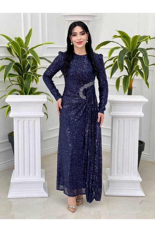 Bel Detay Payet Elbise 3925-Lacivert