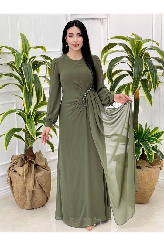 Bel Detay Şifon Elbise 4032-Haki