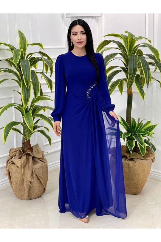 Bel Detay Şifon Elbise 4032-Saks