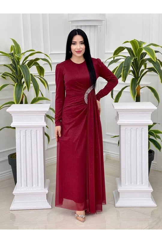 Bel Detay Simli Elbise 3869-Bordo