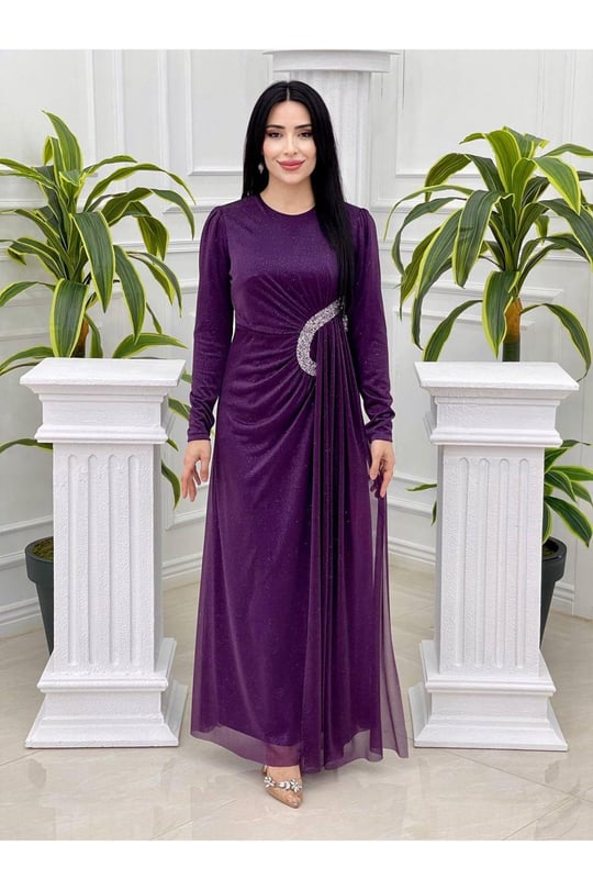 Bel Detay Simli Elbise 3869-Mor